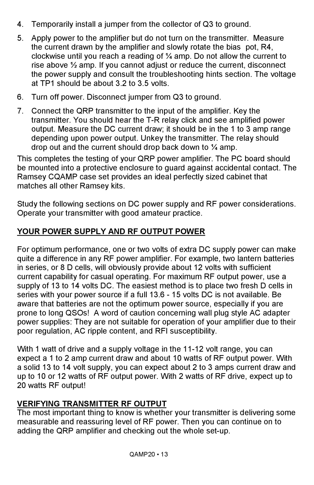 Ramsey Electronics QAMP20 manual Your Power Supply and RF Output Power, Verifying Transmitter RF Output 