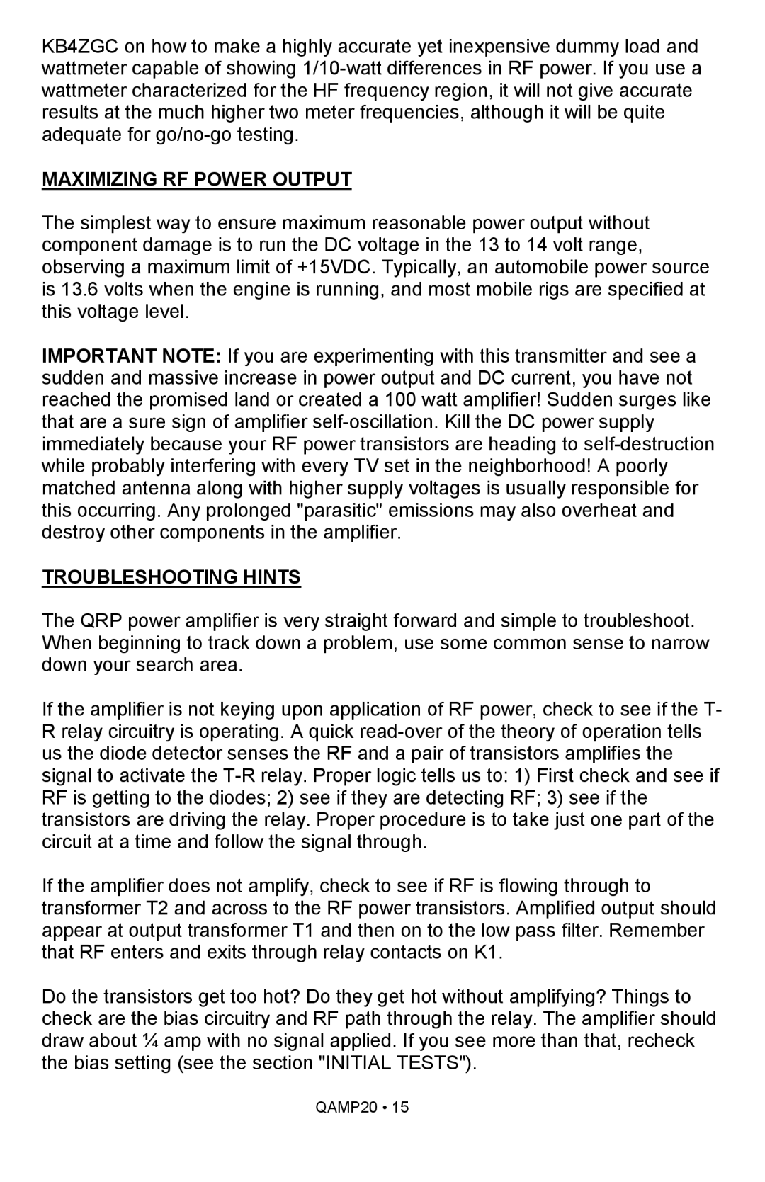 Ramsey Electronics QAMP20 manual Maximizing RF Power Output, Troubleshooting Hints 