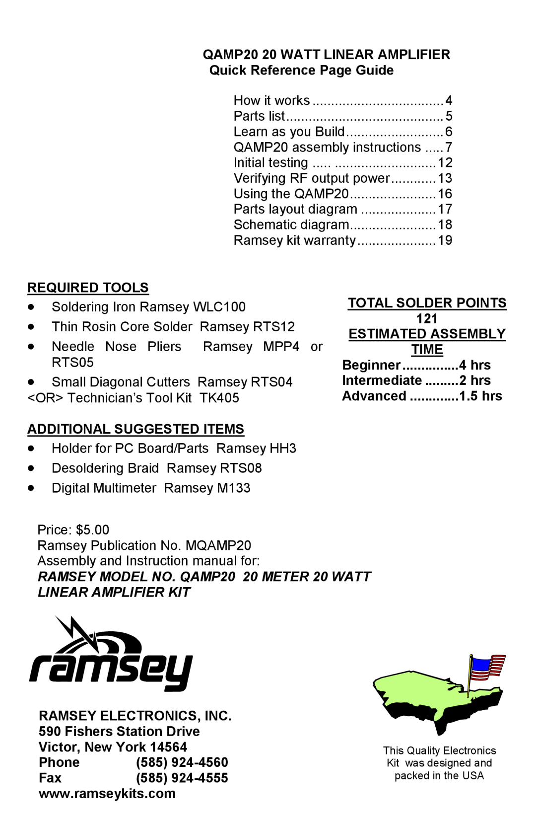 Ramsey Electronics manual QAMP20 20 Watt Linear Amplifier, Required Tools, Total Solder Points, Estimated Assembly, Time 