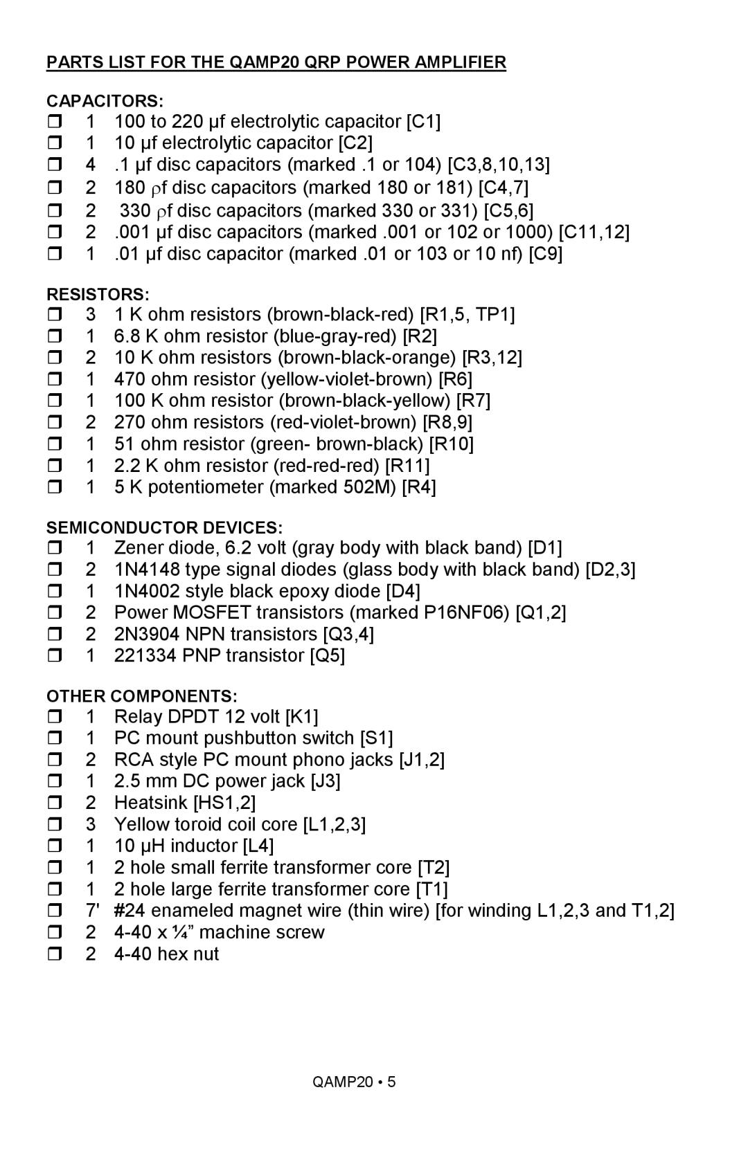 Ramsey Electronics manual Parts List for the QAMP20 QRP Power Amplifier Capacitors 