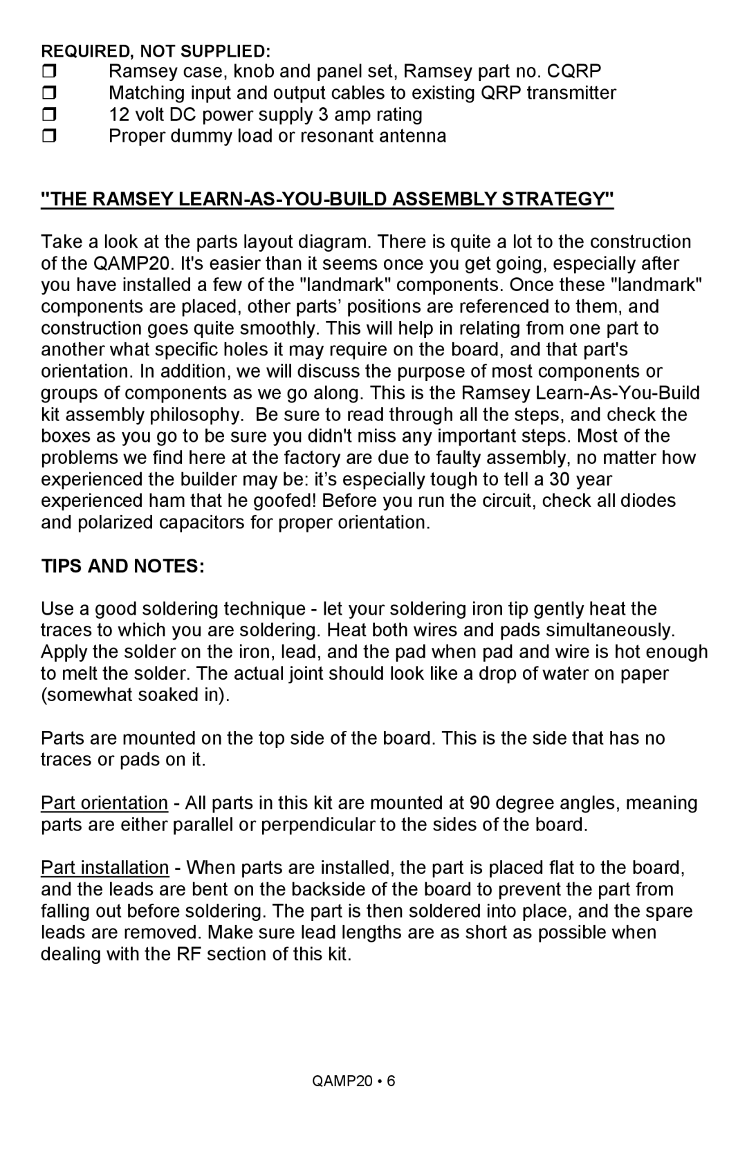 Ramsey Electronics QAMP20 manual Ramsey LEARN-AS-YOU-BUILD Assembly Strategy, Tips and Notes 