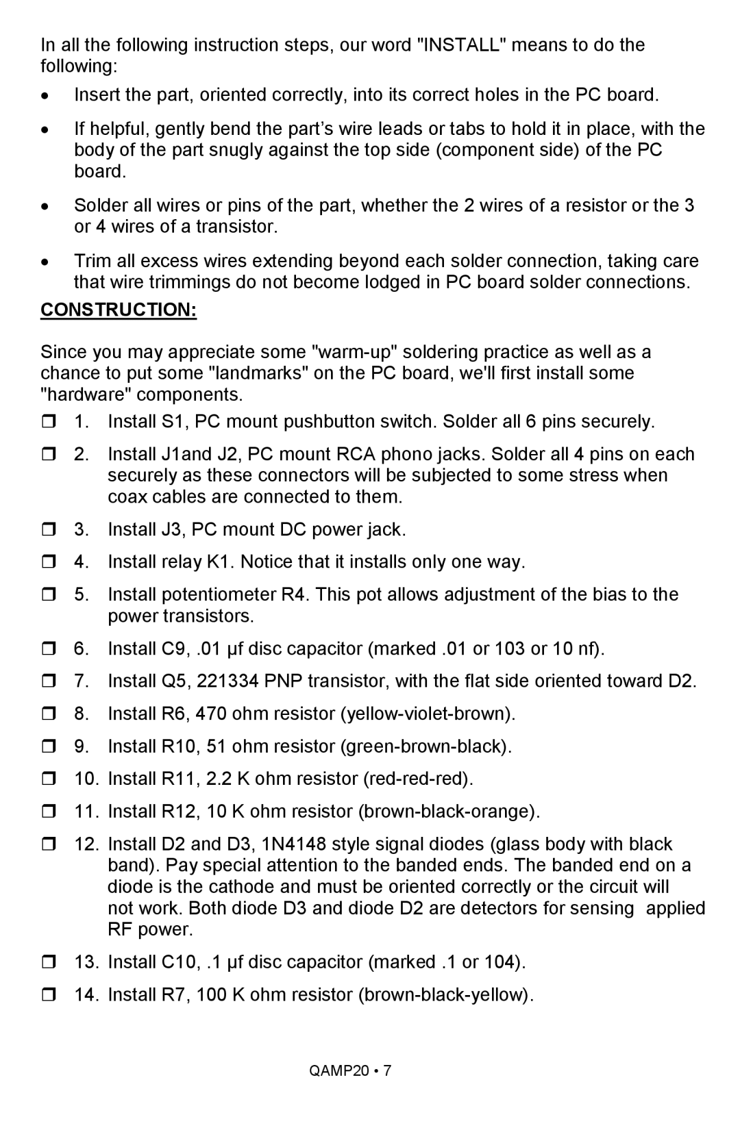 Ramsey Electronics QAMP20 manual Construction 