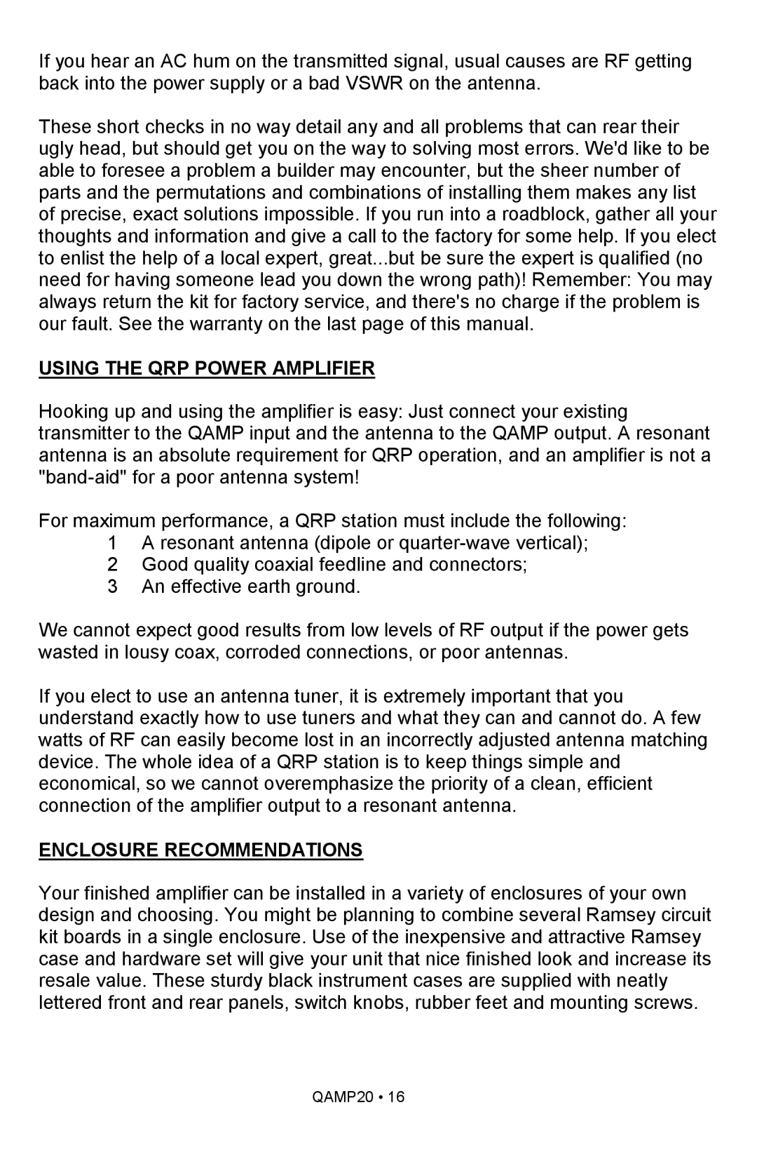 Ramsey Electronics QAMP20 manual Using The Qrp Power Amplifier, Enclosure Recommendations 