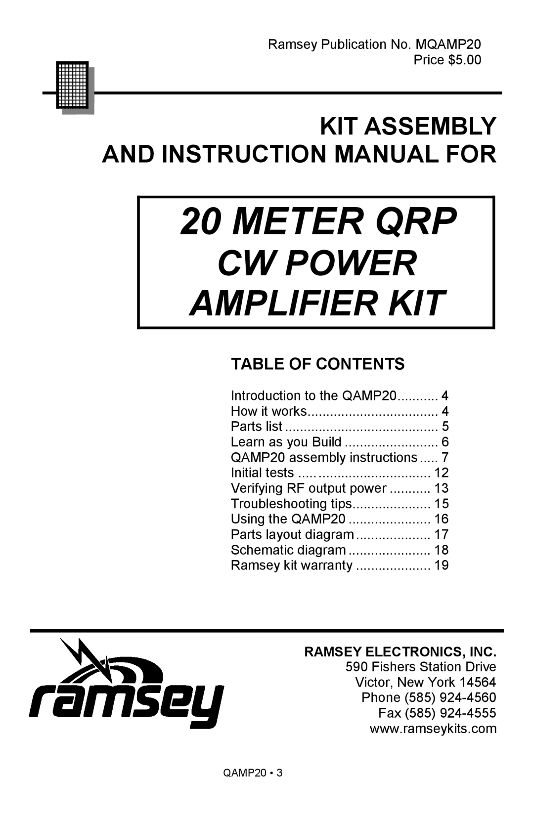 Ramsey Electronics QAMP20 manual Meter Qrp, Cw Power Amplifier Kit, Table Of Contents 