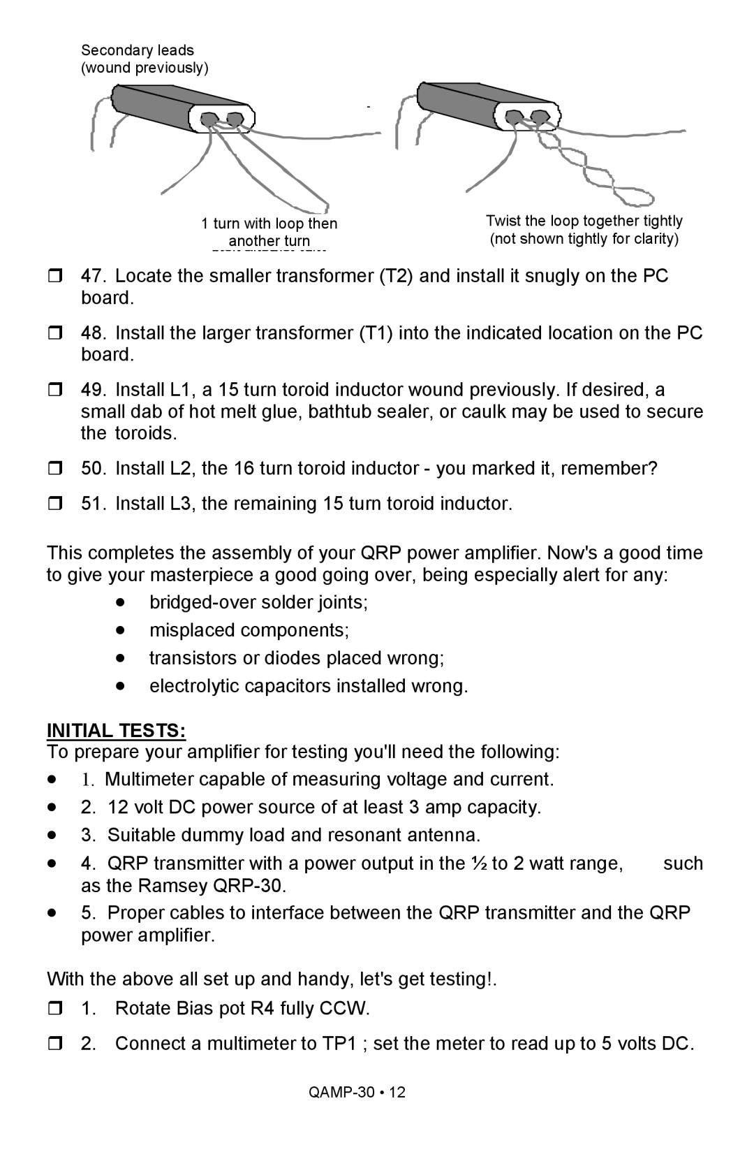 Ramsey Electronics QAMP30 manual Initial Tests 