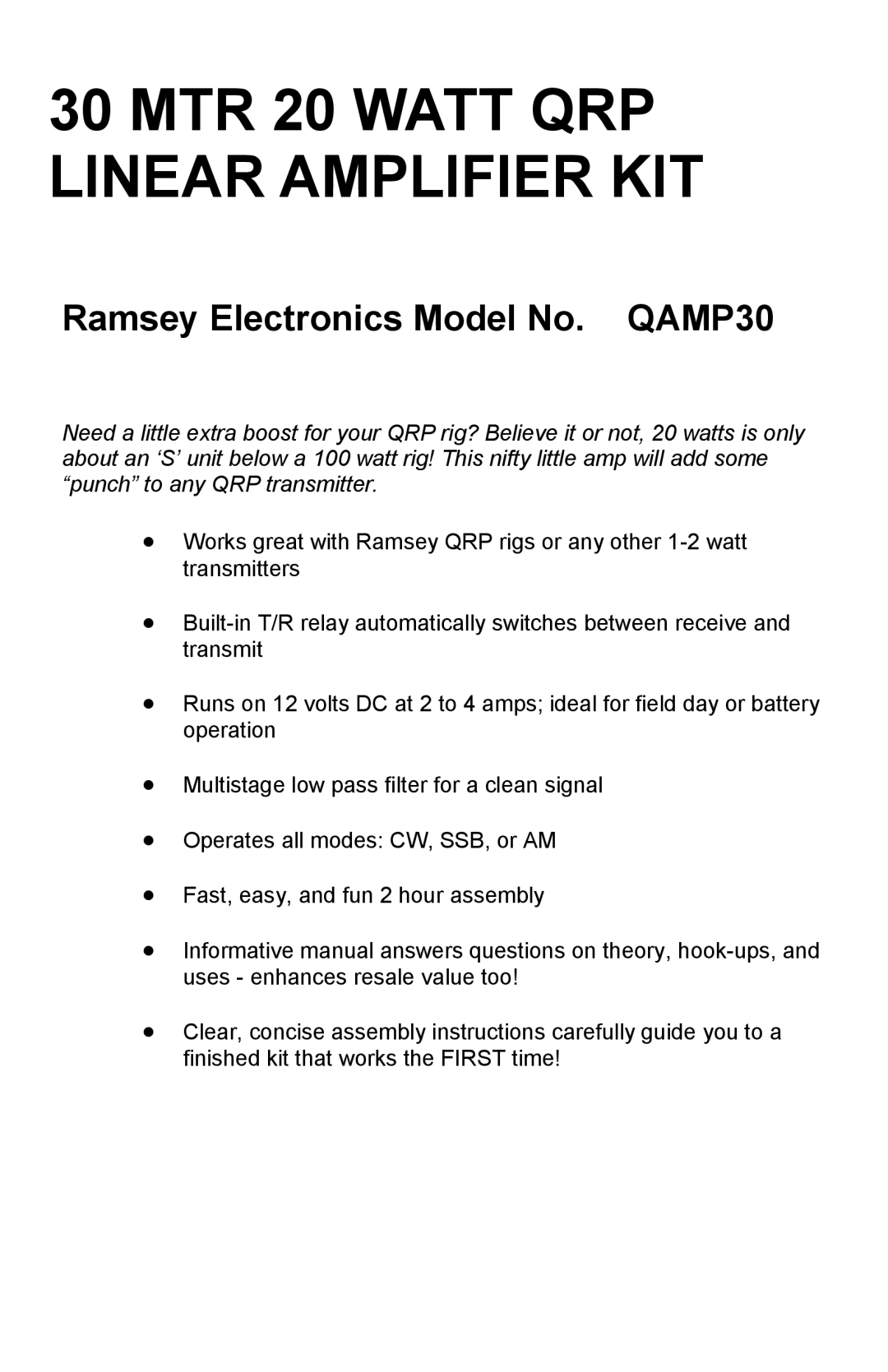Ramsey Electronics manual MTR 20 WATT QRP LINEAR AMPLIFIER KIT, Ramsey Electronics Model No. QAMP30 