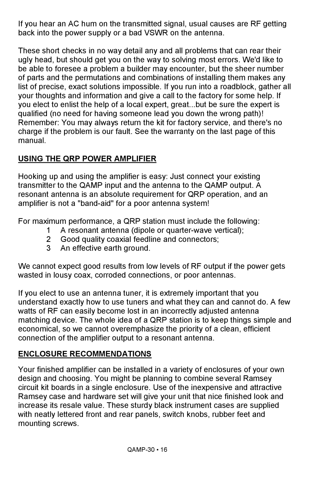 Ramsey Electronics QAMP30 manual Using The Qrp Power Amplifier, Enclosure Recommendations 