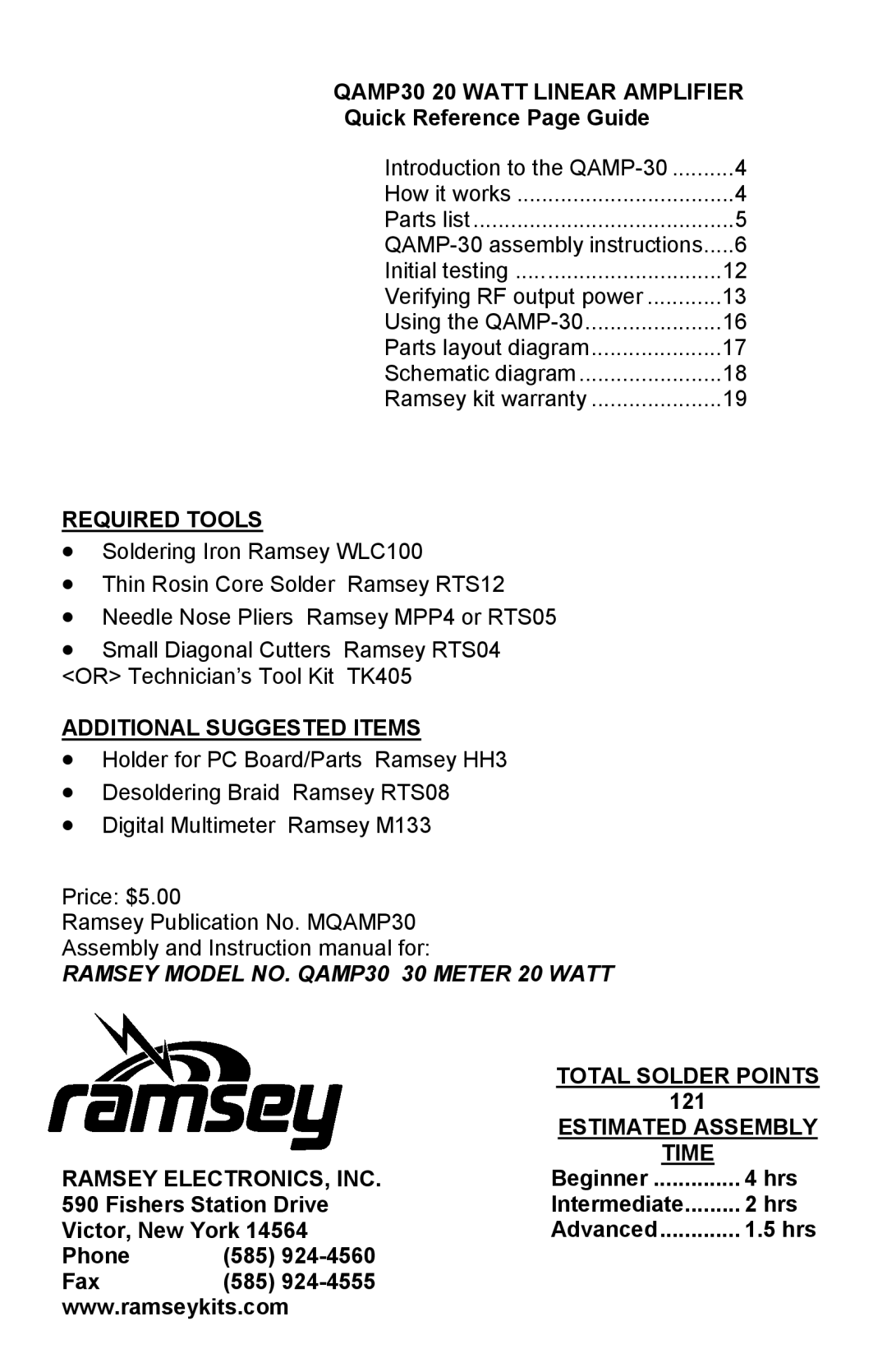 Ramsey Electronics QAMP30 20 WATT LINEAR AMPLIFIER, Quick Reference Page Guide, Required Tools, Total Solder Points 