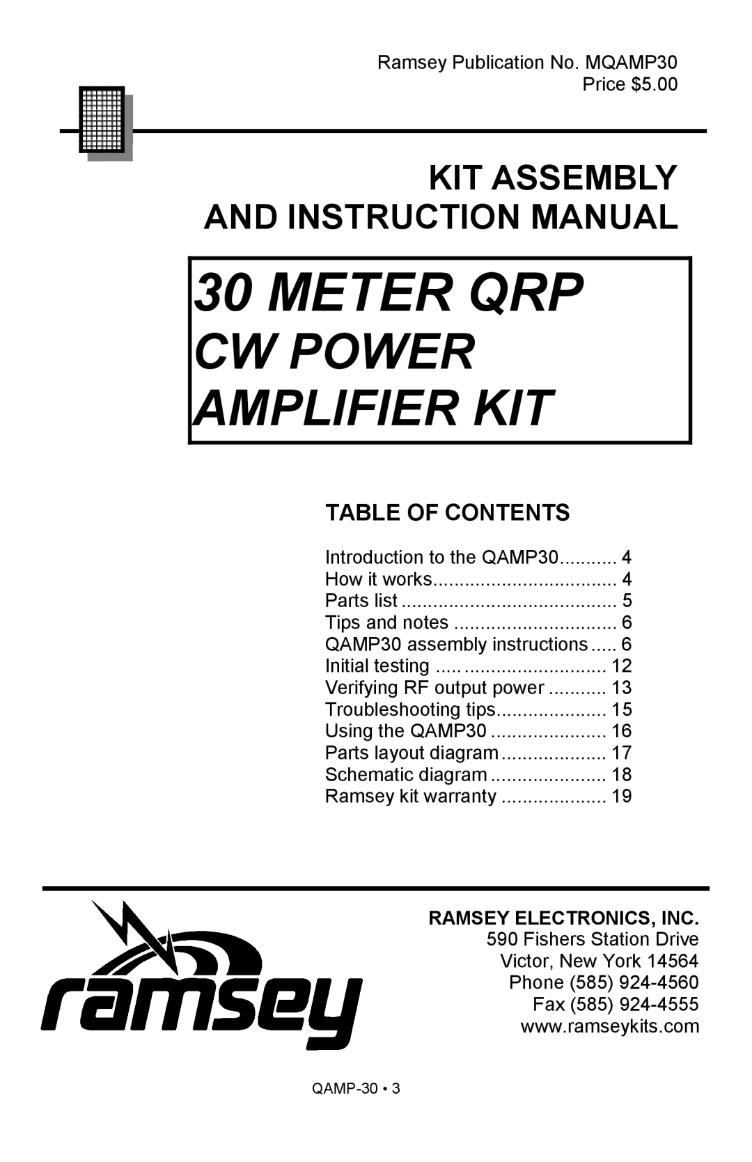 Ramsey Electronics QAMP30 manual Meter Qrp, Cw Power, Amplifier Kit, Table Of Contents 