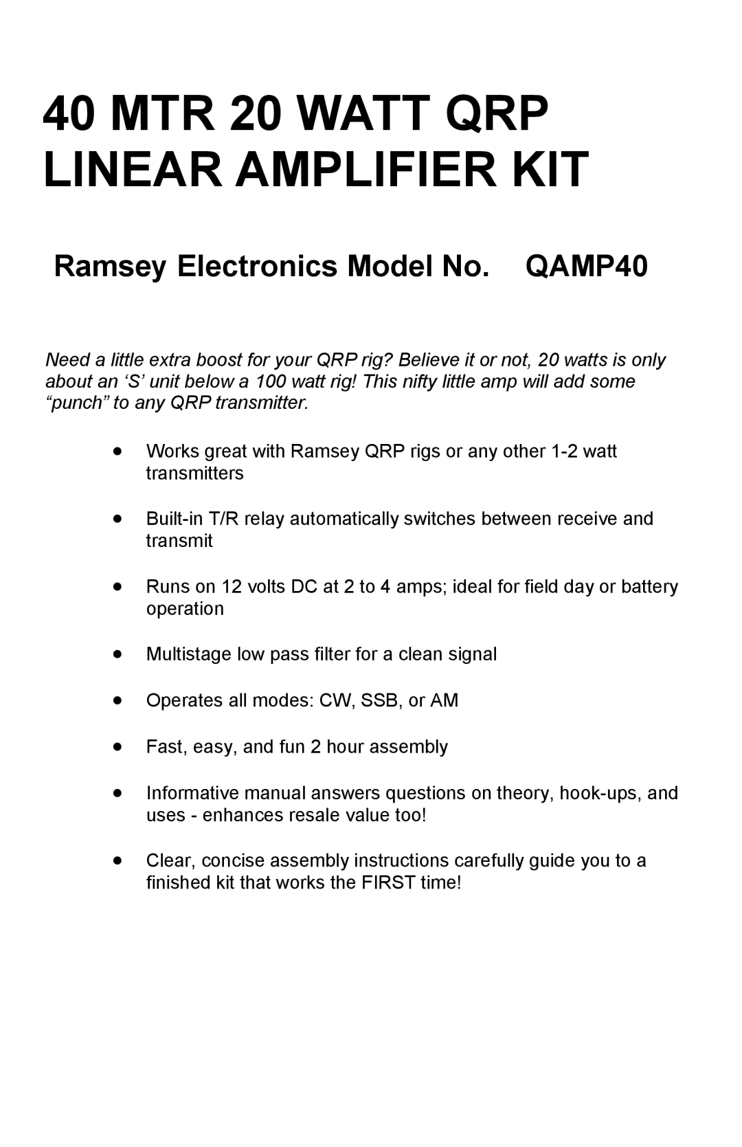 Ramsey Electronics QAMP40 manual MTR 20 Watt QRP Linear Amplifier KIT 