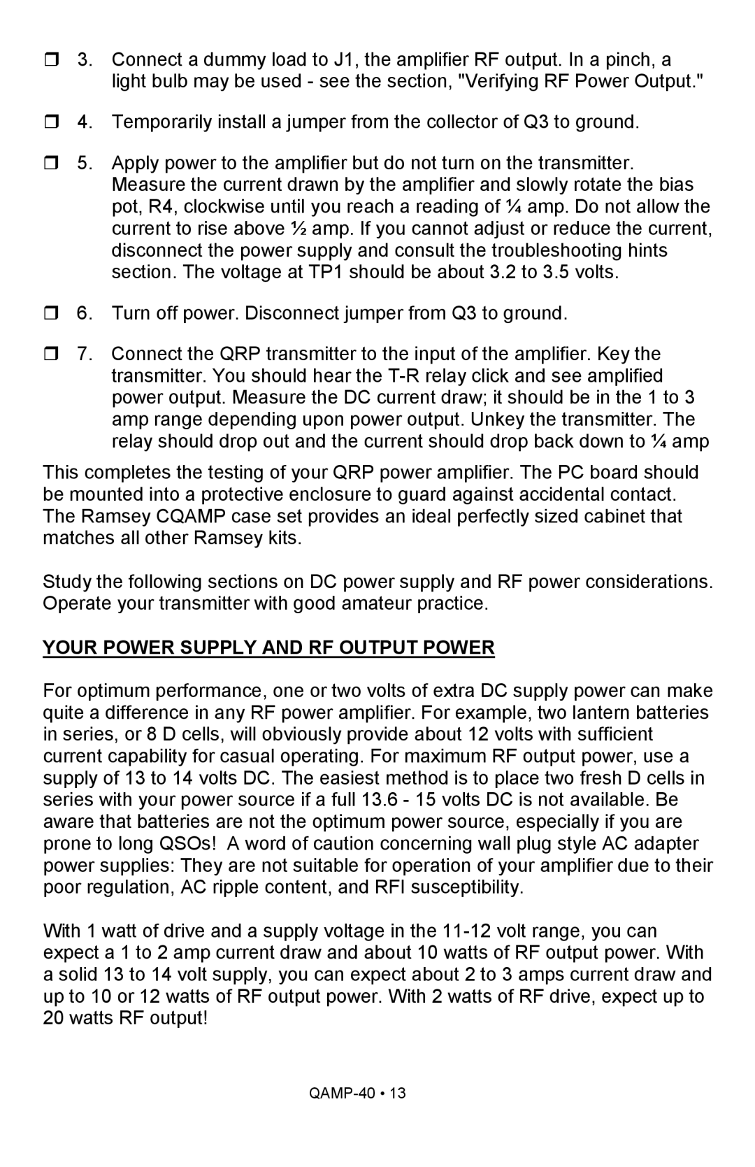 Ramsey Electronics QAMP40 manual Your Power Supply and RF Output Power 