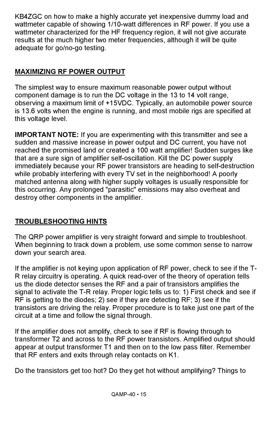 Ramsey Electronics QAMP40 manual Maximizing RF Power Output, Troubleshooting Hints 