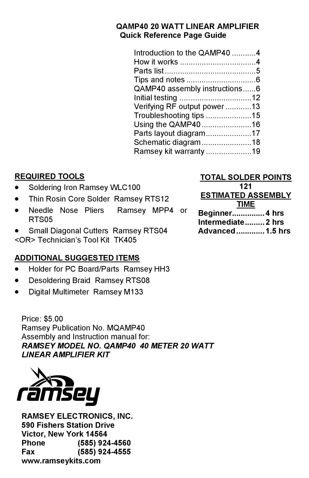 Ramsey Electronics manual QAMP40 20 Watt Linear Amplifier, Required Tools Total Solder Points, Estimated Assembly, Time 