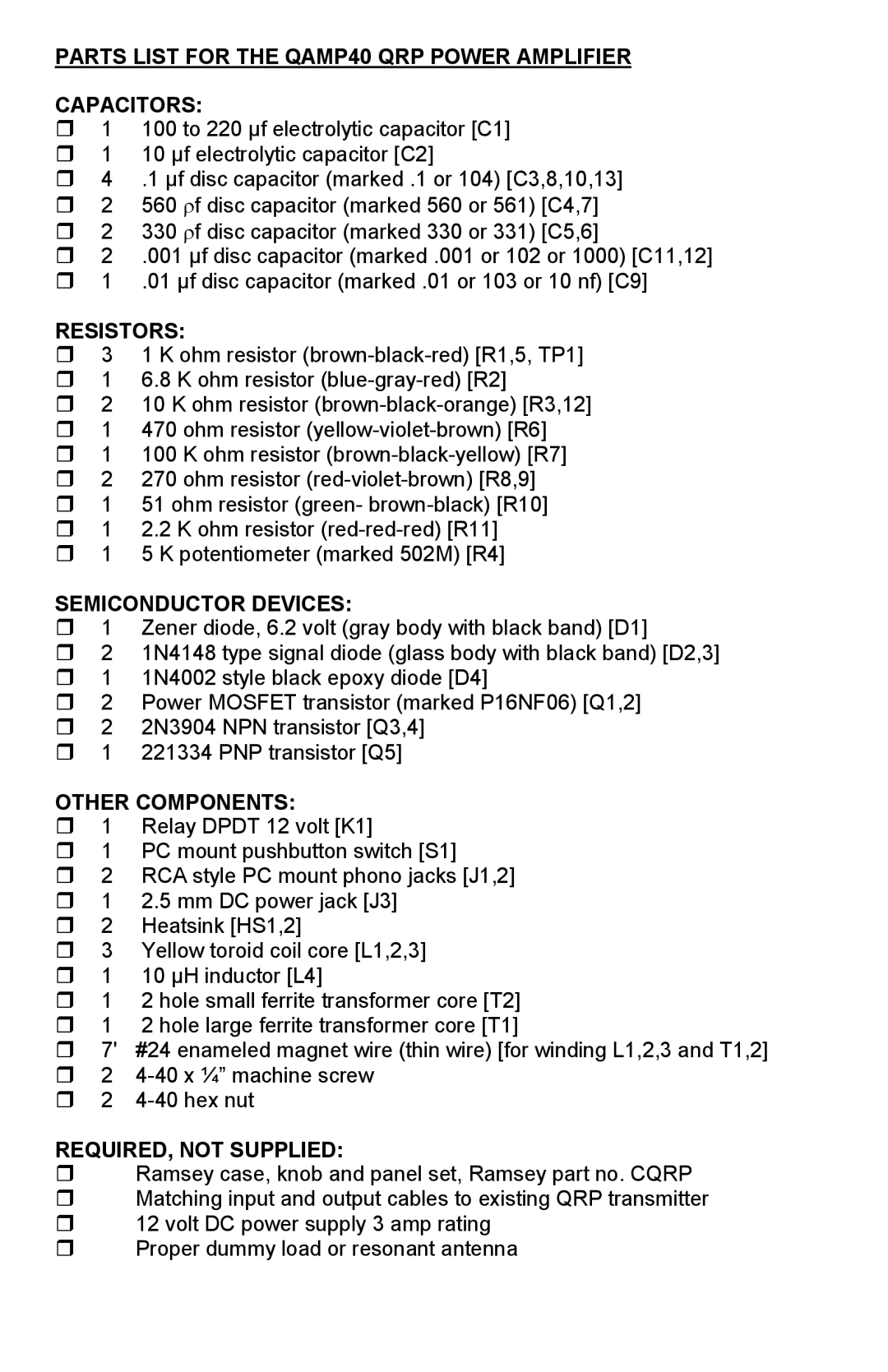 Ramsey Electronics manual Parts List for the QAMP40 QRP Power Amplifier Capacitors, Resistors, Semiconductor Devices 