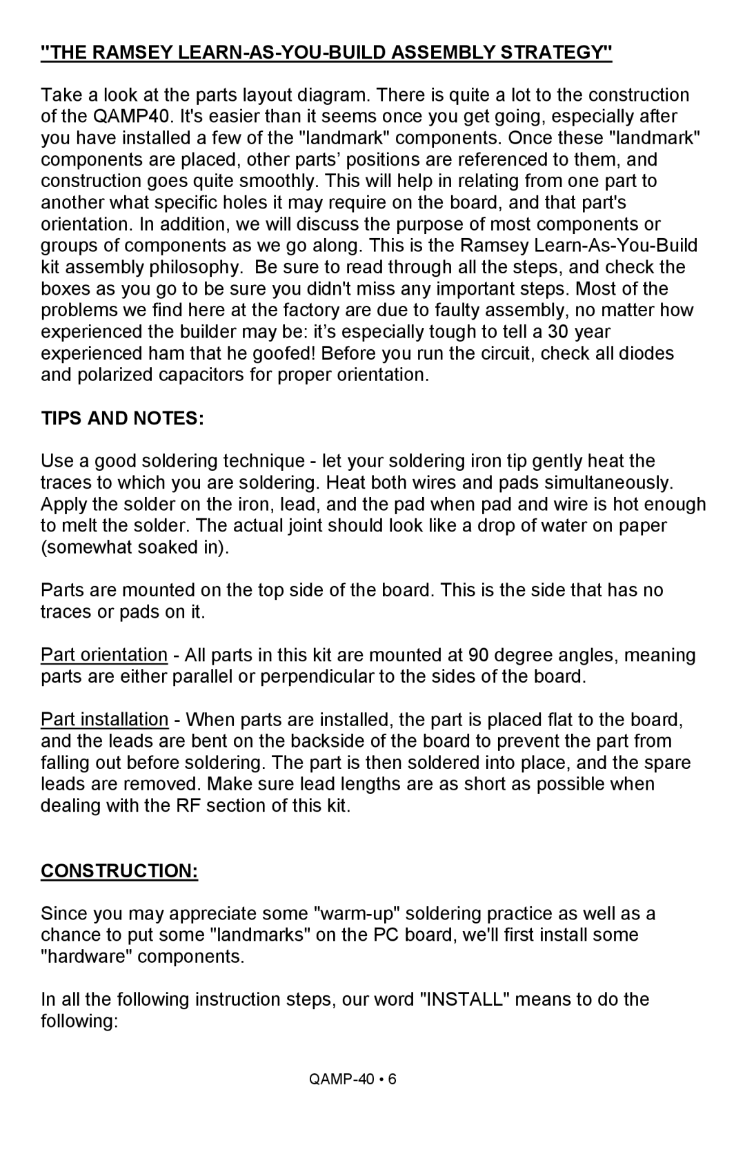 Ramsey Electronics QAMP40 manual Ramsey LEARN-AS-YOU-BUILD Assembly Strategy, Tips and Notes, Construction 
