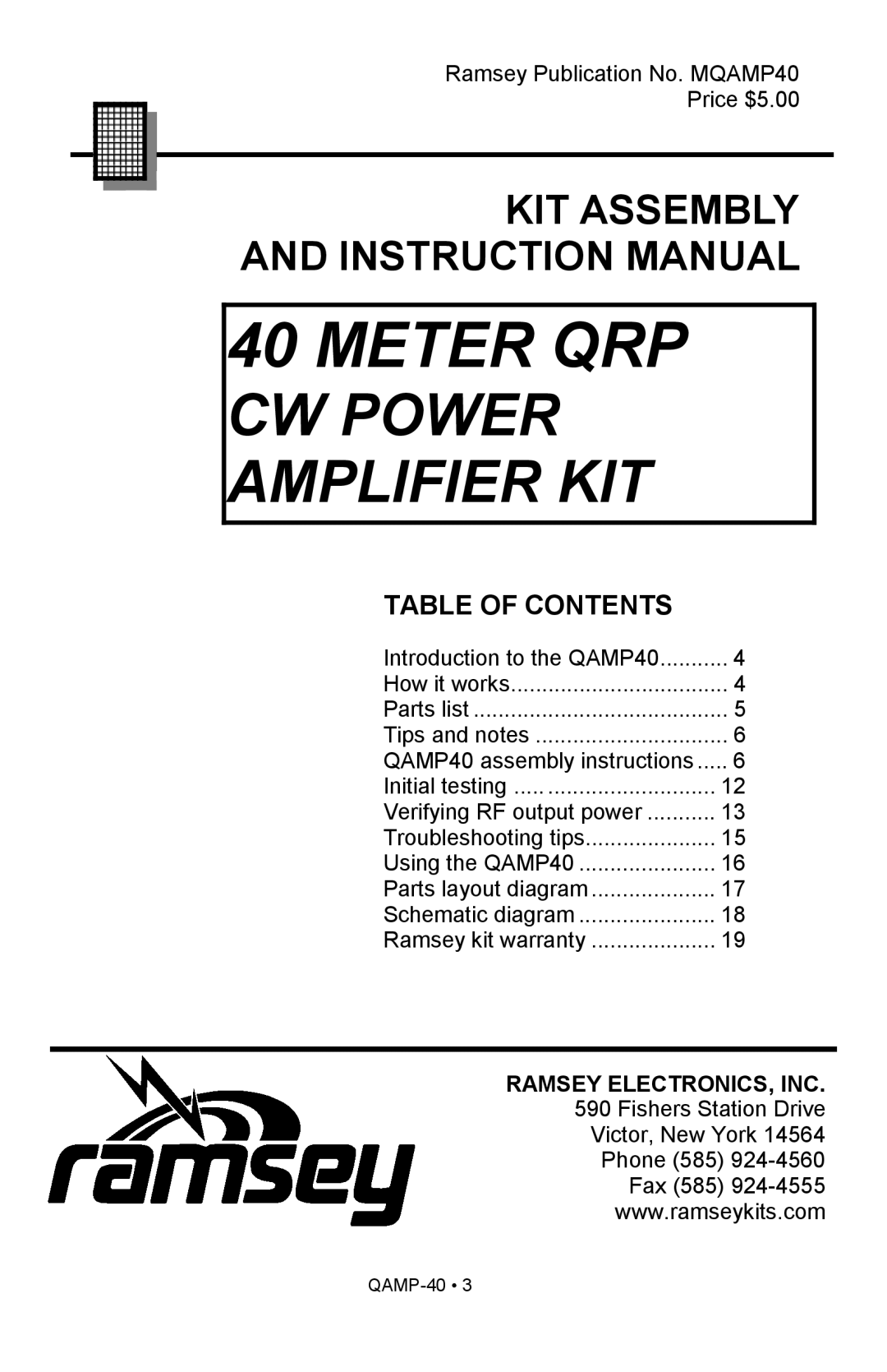 Ramsey Electronics QAMP40 manual Meter Qrp, Cw Power, Amplifier Kit, Table Of Contents 