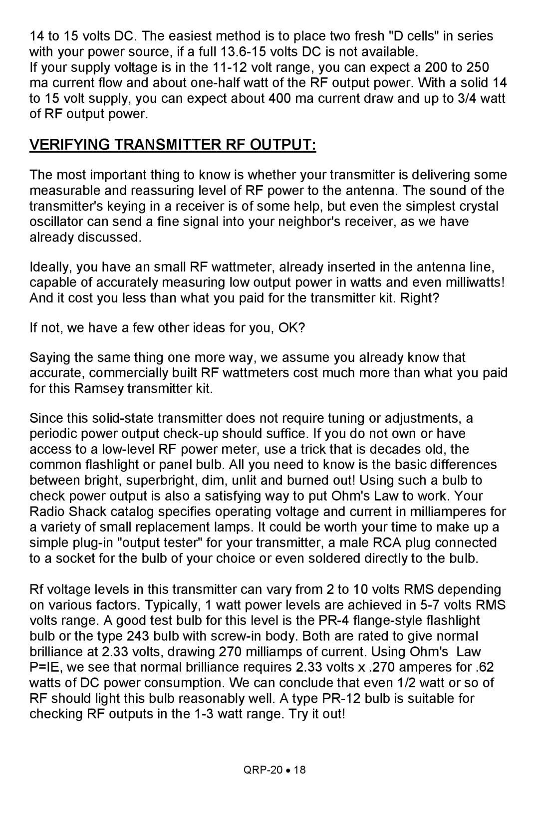 Ramsey Electronics QRP20 manual Verifying Transmitter RF Output 