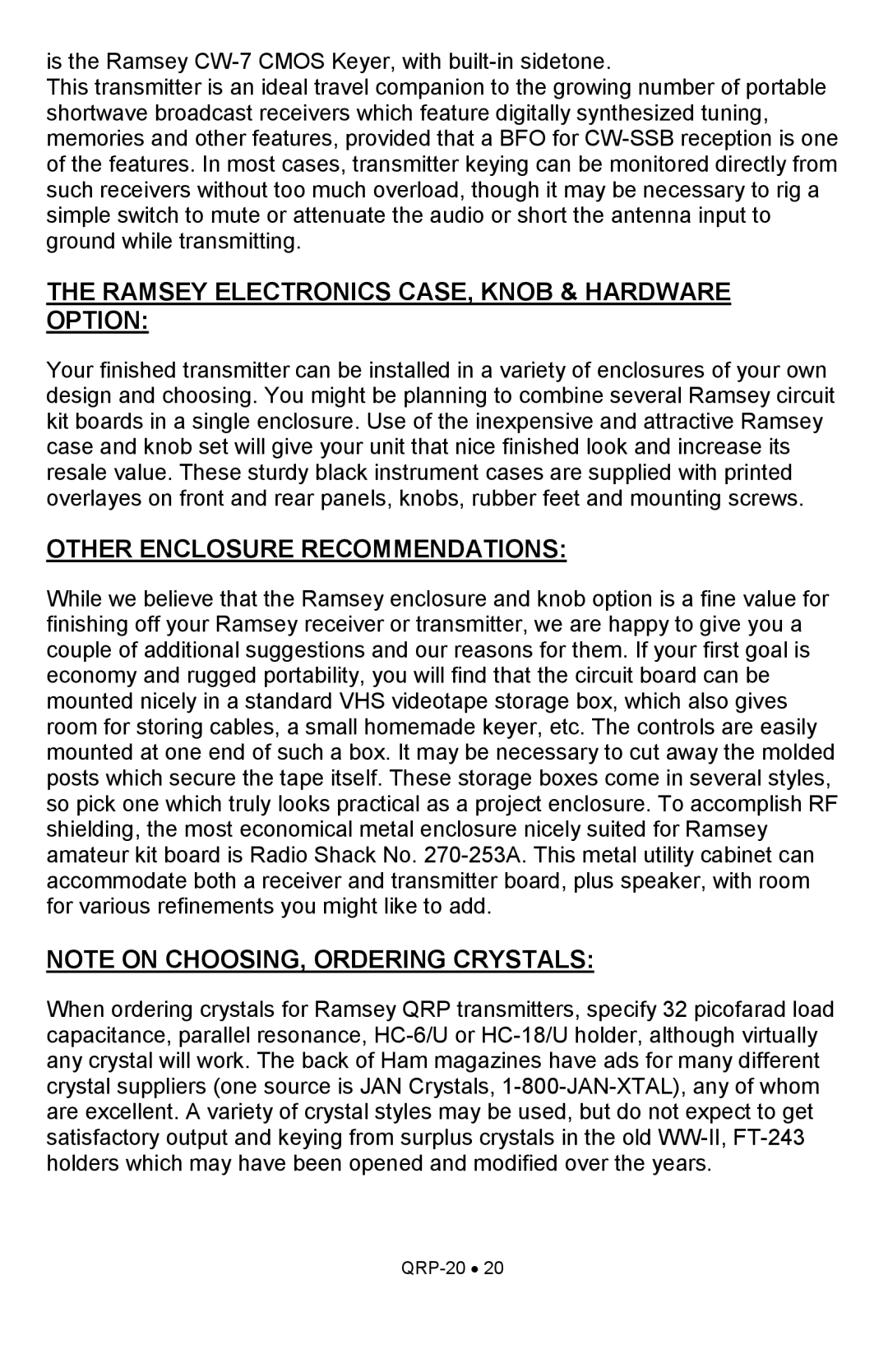 Ramsey Electronics QRP20 manual Ramsey Electronics CASE, Knob & Hardware Option, Other Enclosure Recommendations 