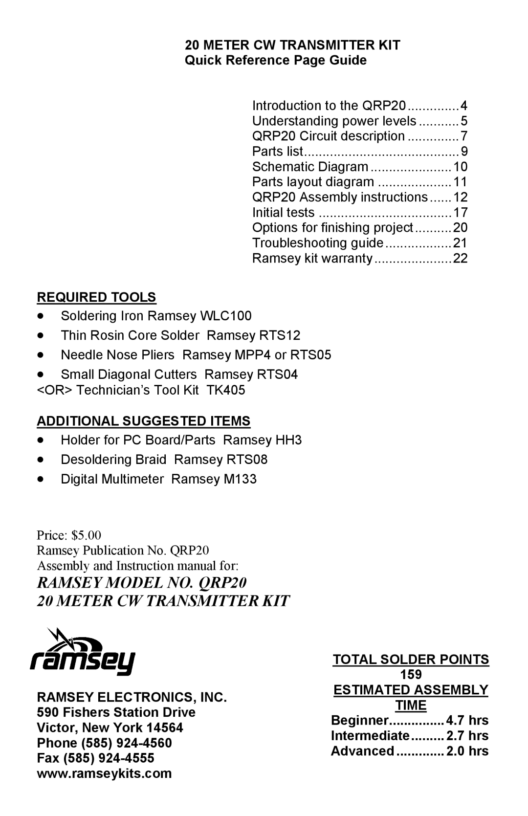 Ramsey Electronics manual Ramsey Model NO. QRP20 Meter CW Transmitter KIT 