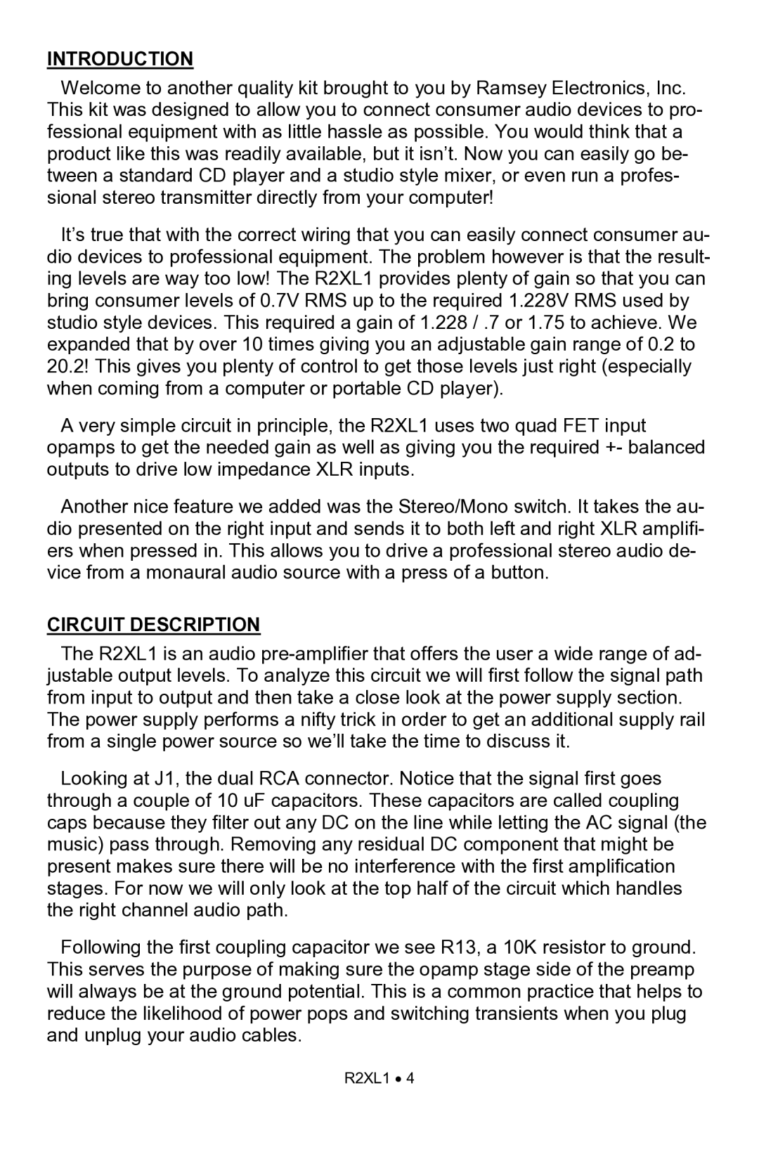 Ramsey Electronics R2XL1 manual Introduction, Circuit Description 