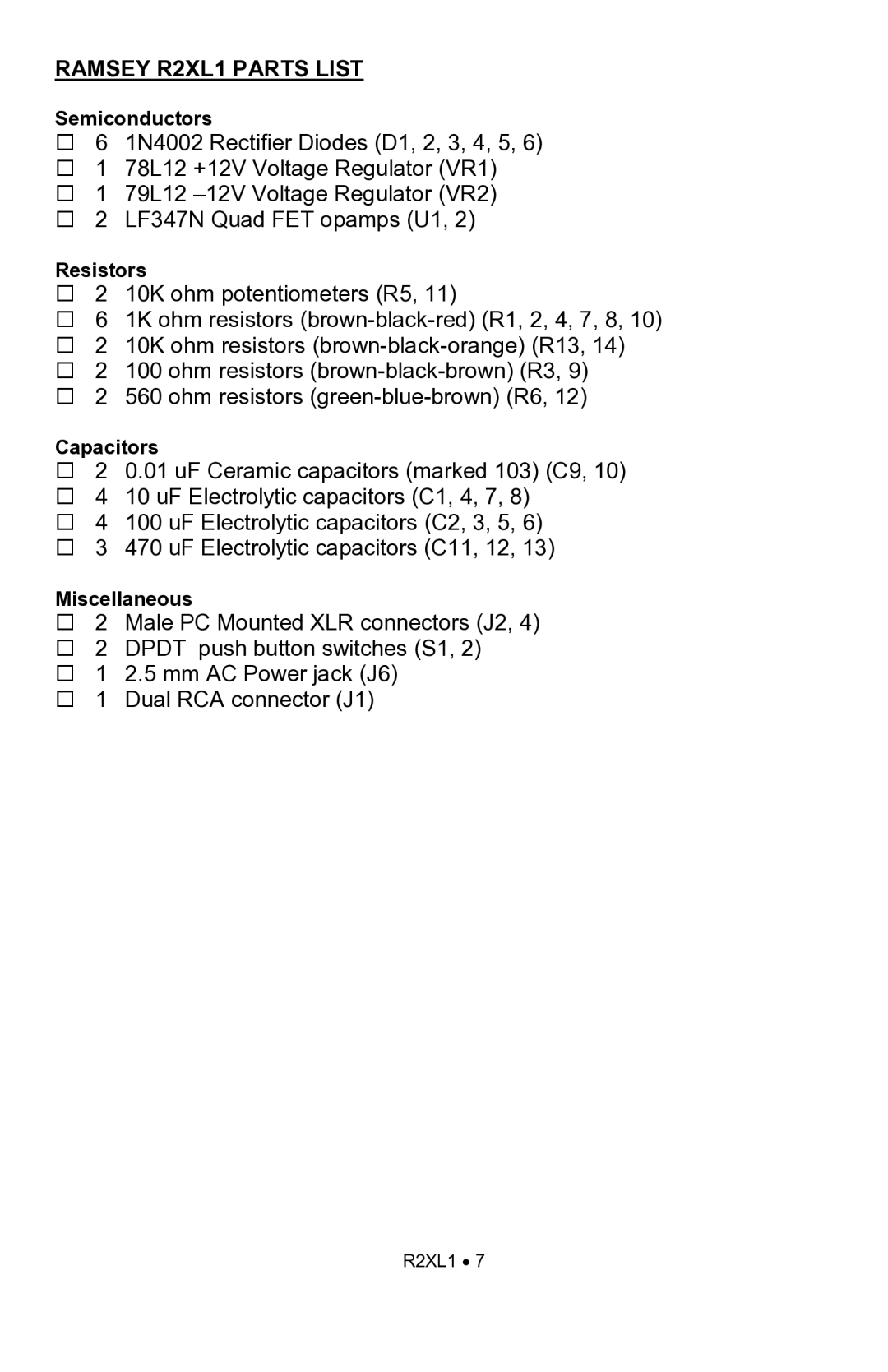 Ramsey Electronics manual Ramsey R2XL1 Parts List 