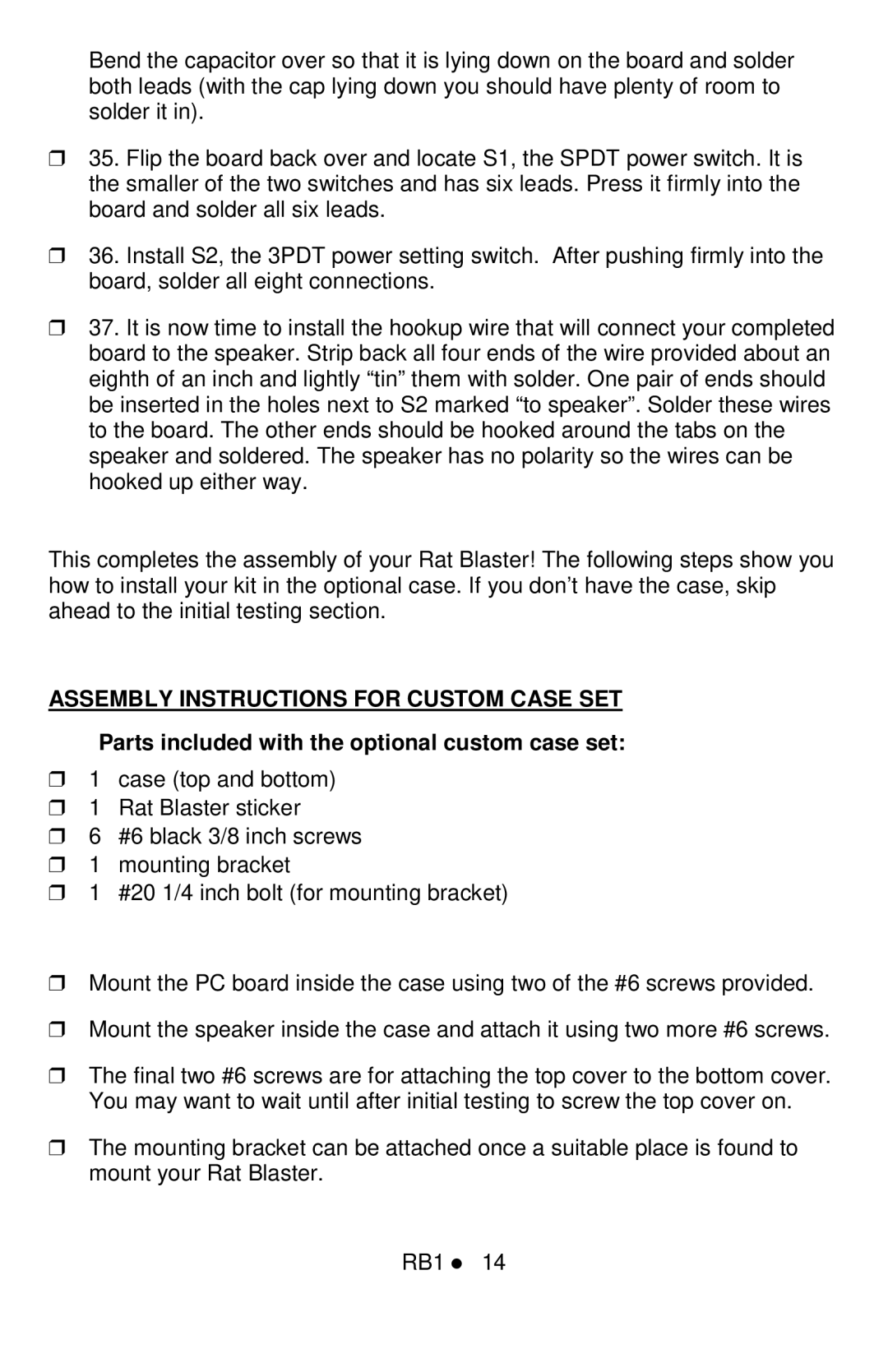 Ramsey Electronics RB1 manual Assembly Instructions for Custom Case SET, Parts included with the optional custom case set 