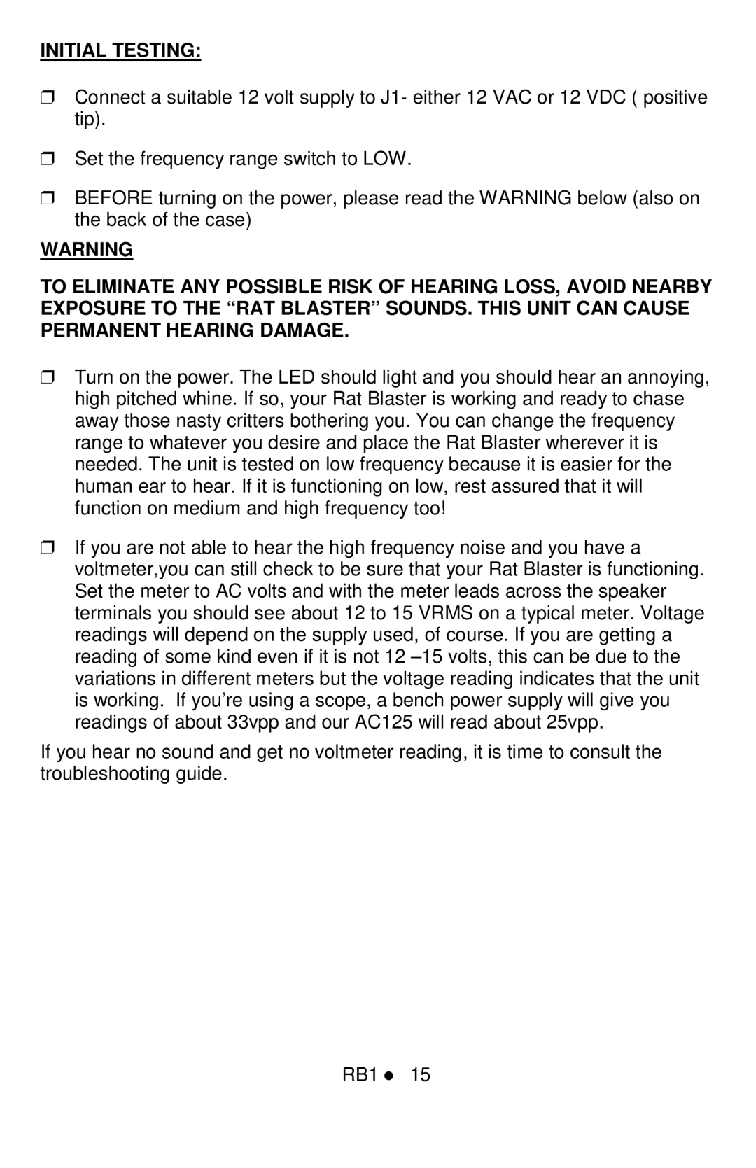 Ramsey Electronics RB1 manual Initial Testing 
