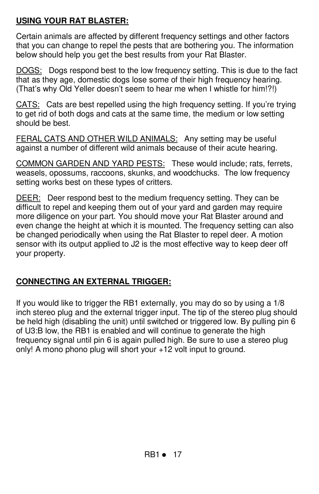 Ramsey Electronics RB1 manual Using Your RAT Blaster, Connecting AN External Trigger 