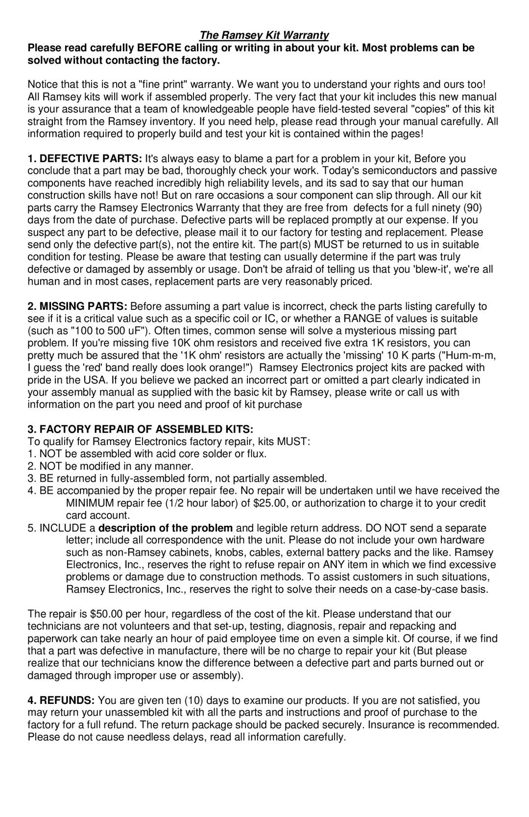 Ramsey Electronics RB1 manual Ramsey Kit Warranty 