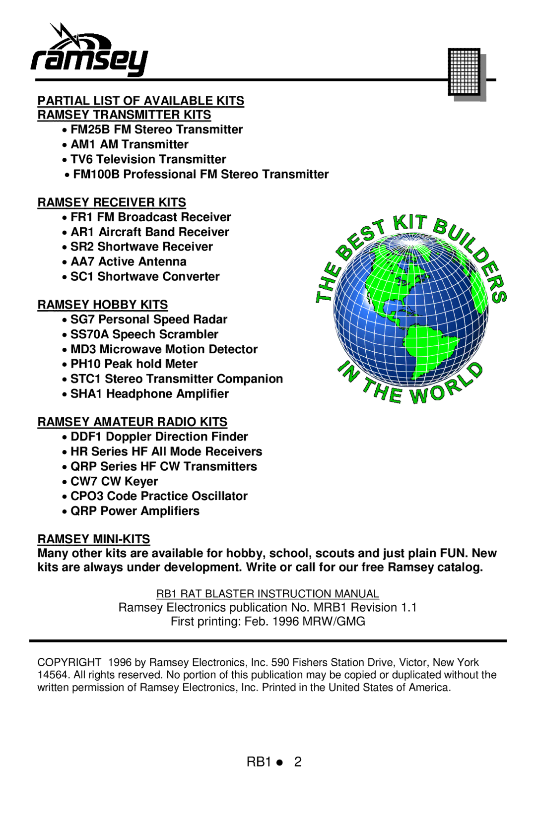 Ramsey Electronics RB1 manual Partial List of Available Kits Ramsey Transmitter Kits 