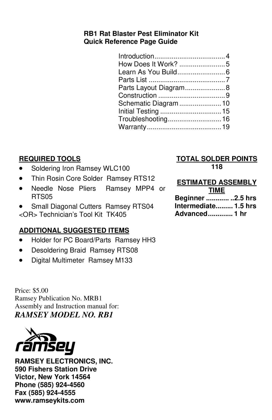 Ramsey Electronics RB1 manual Required Tools Total Solder Points, Estimated Assembly, Time, Additional Suggested Items 