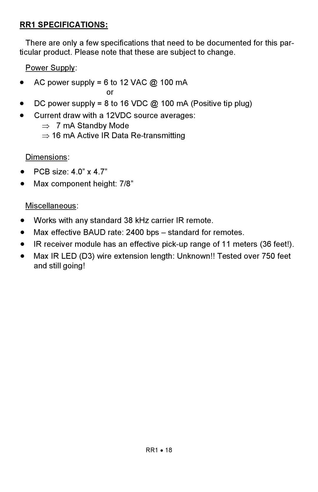 Ramsey Electronics manual RR1 Specifications 