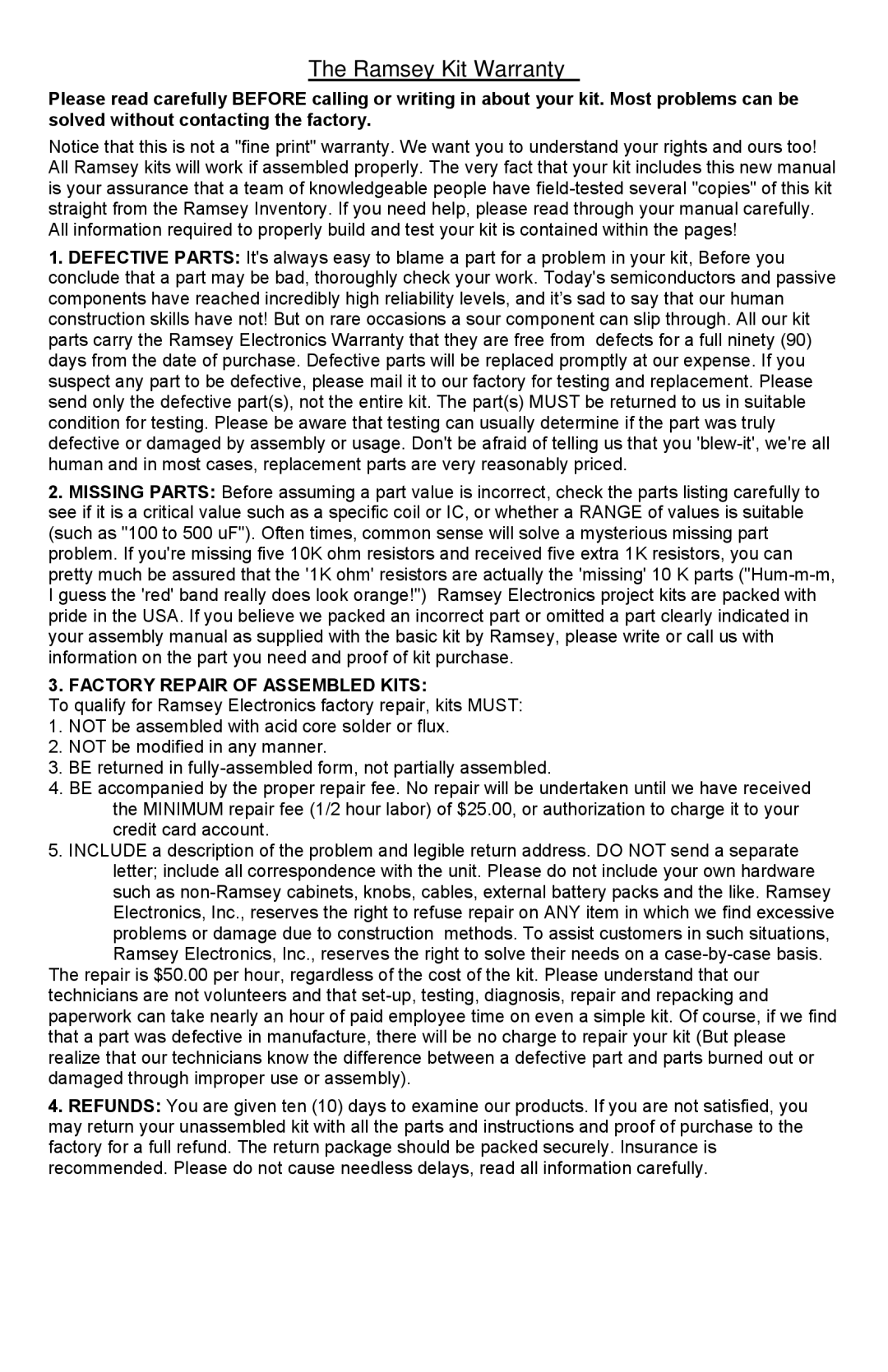 Ramsey Electronics RR1 manual Ramsey Kit Warranty 