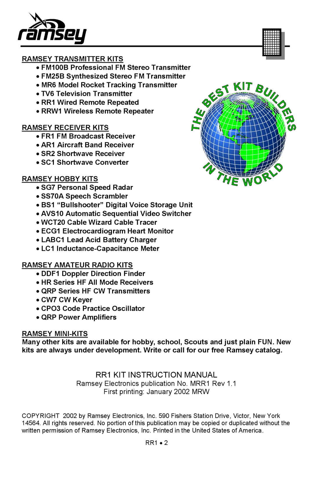 Ramsey Electronics RR1 manual Ramsey Transmitter Kits 