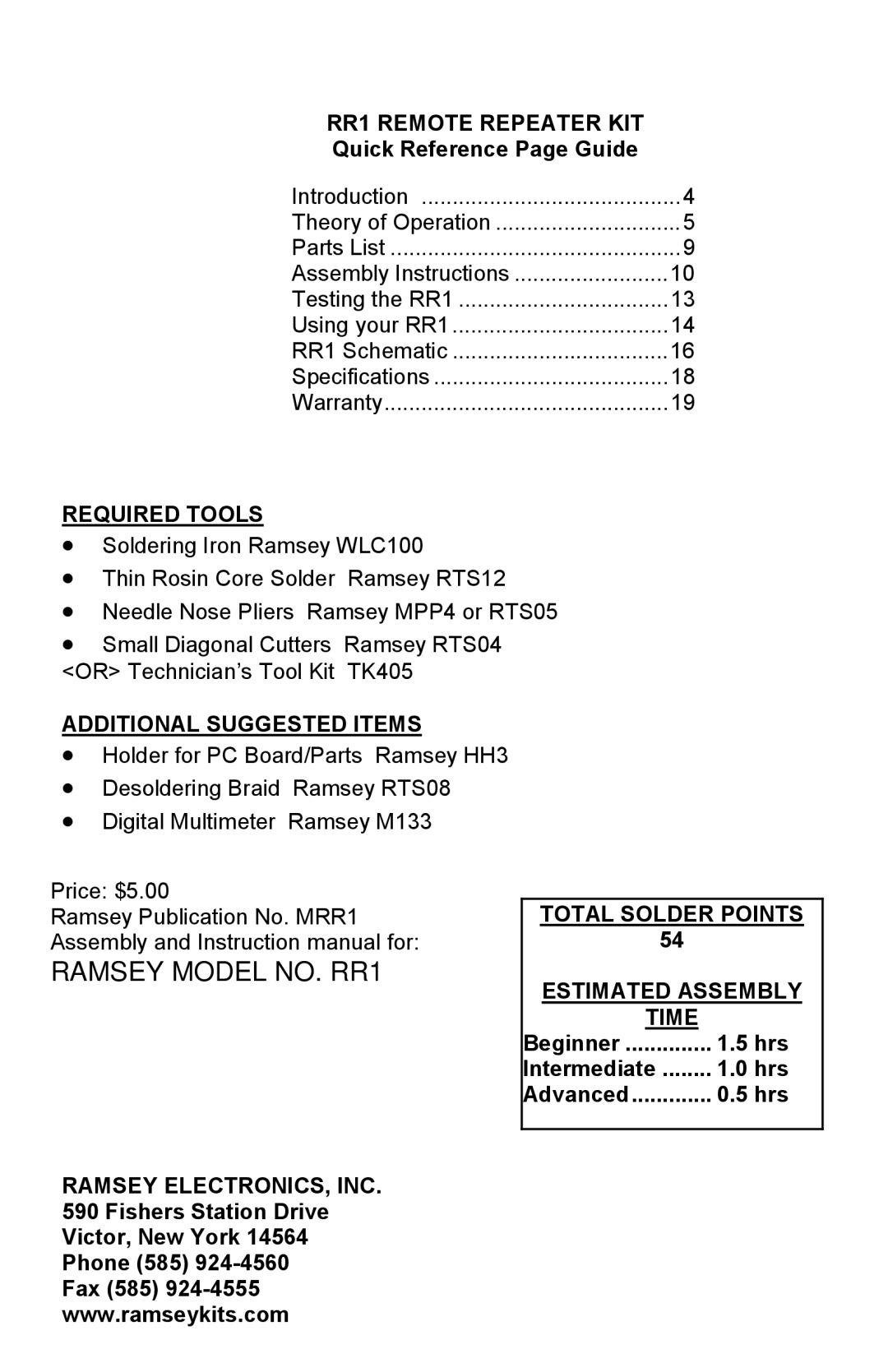 Ramsey Electronics manual RR1 Remote Repeater KIT, Required Tools, Additional Suggested Items 