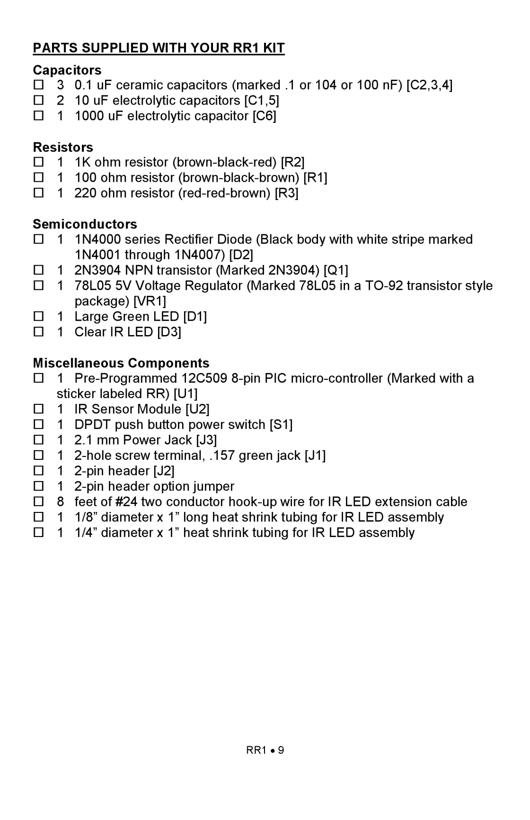 Ramsey Electronics manual Parts Supplied with Your RR1 KIT, Capacitors 