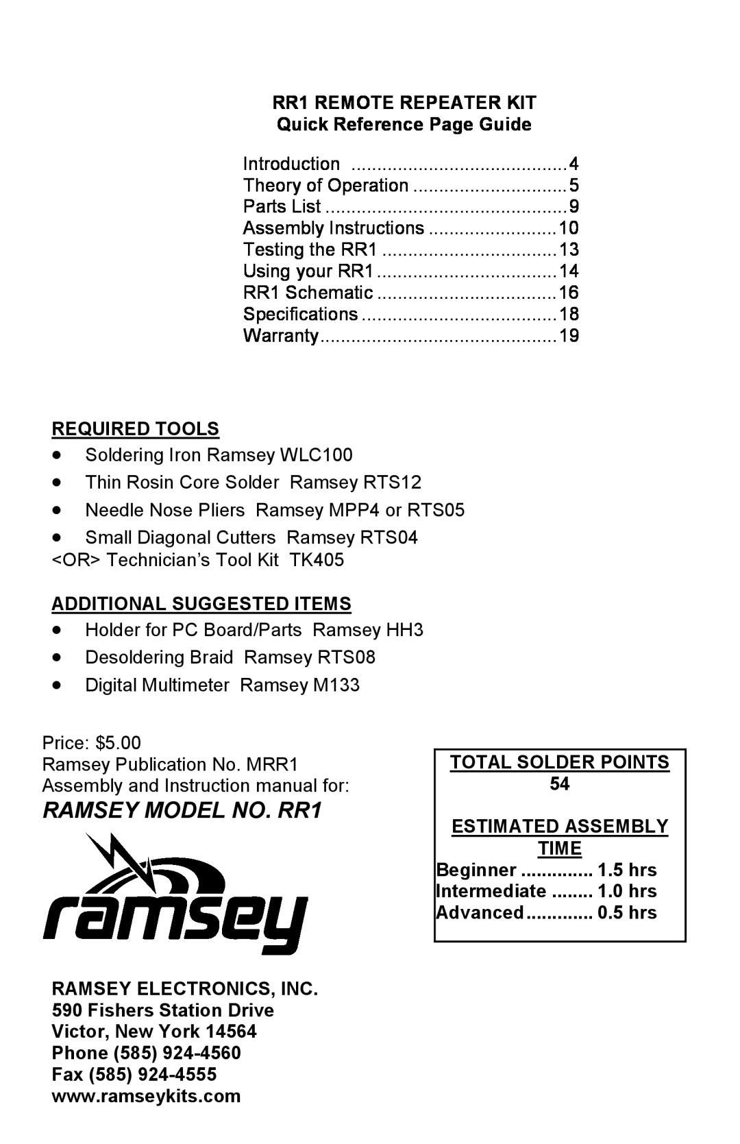 Ramsey Electronics manual RAMSEY MODEL NO. RR1 