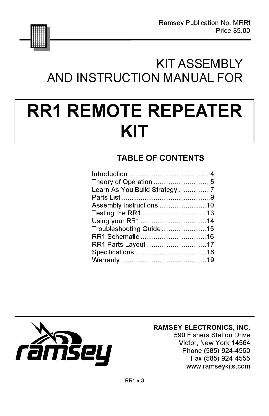 Ramsey Electronics manual RR1 REMOTE REPEATER KIT, Kit Assembly And Instruction Manual For, Table Of Contents 