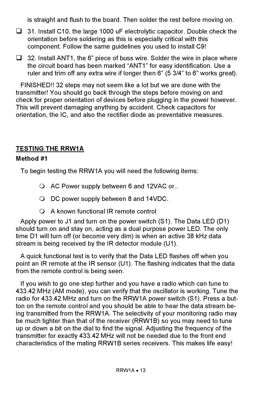 Ramsey Electronics manual Testing the RRW1A, Method #1 