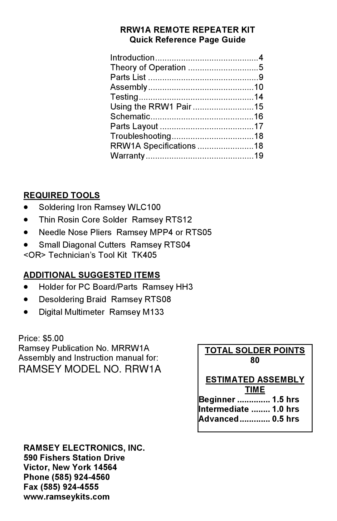 Ramsey Electronics manual RRW1A Remote Repeater KIT, Required Tools, Additional Suggested Items, Ramsey ELECTRONICS, INC 