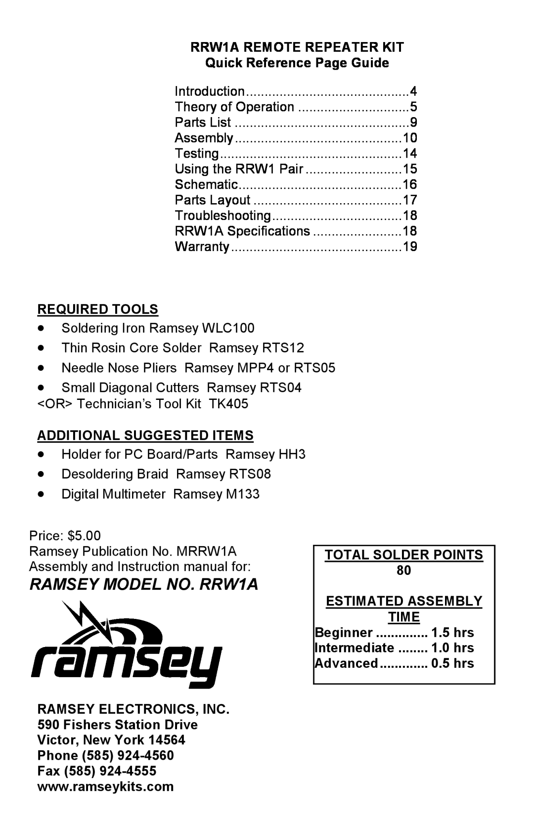 Ramsey Electronics manual RAMSEY MODEL NO. RRW1A 