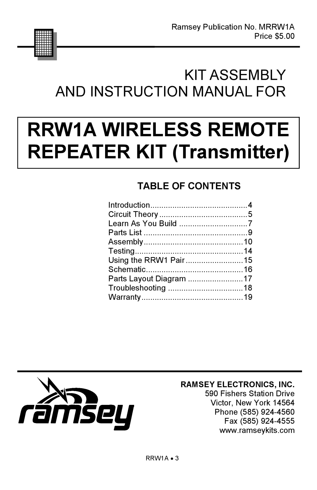 Ramsey Electronics manual RRW1A WIRELESS REMOTE REPEATER KIT Transmitter, Table Of Contents 