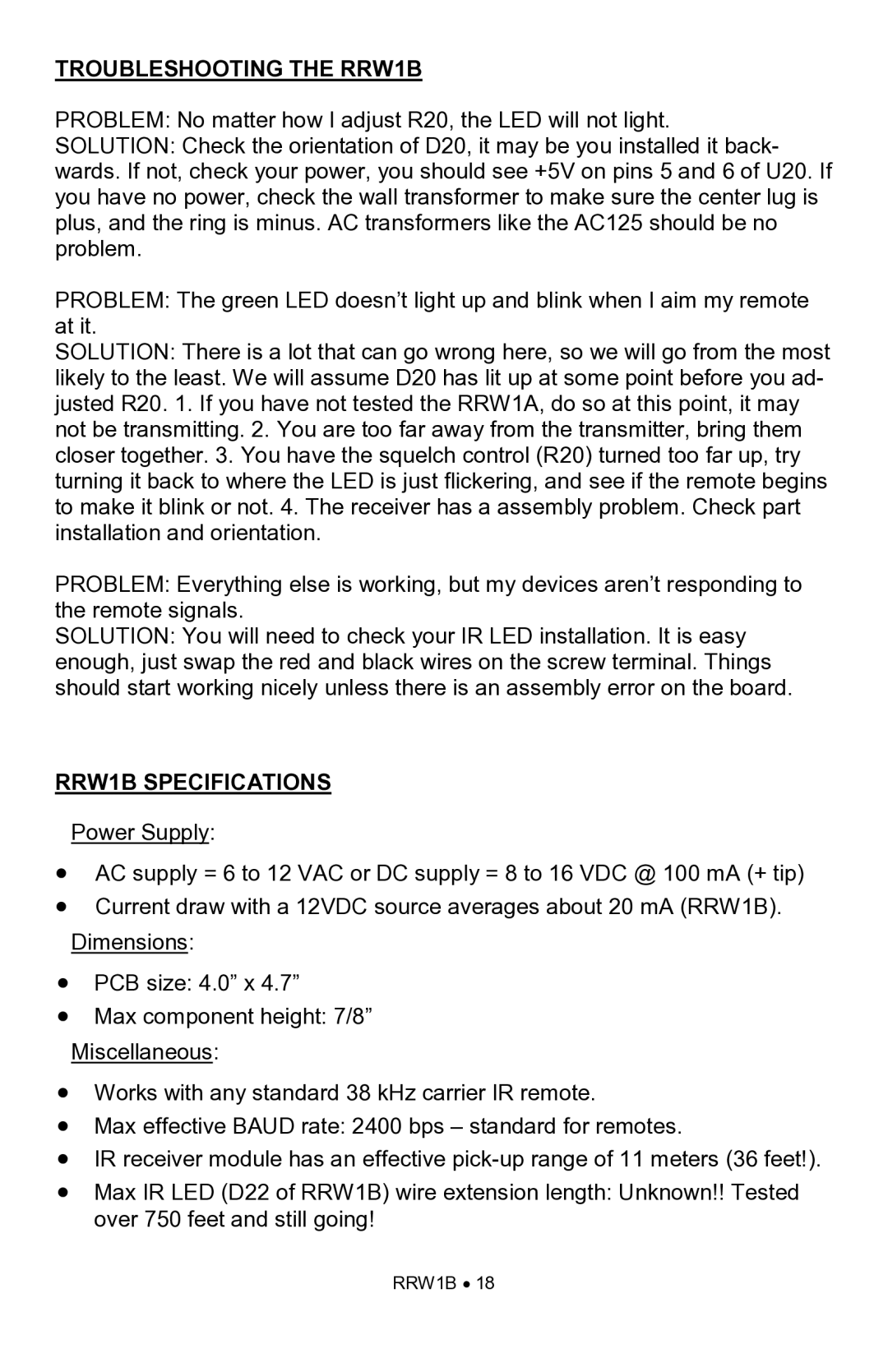 Ramsey Electronics rrw1b manual Troubleshooting the RRW1B, RRW1B Specifications 