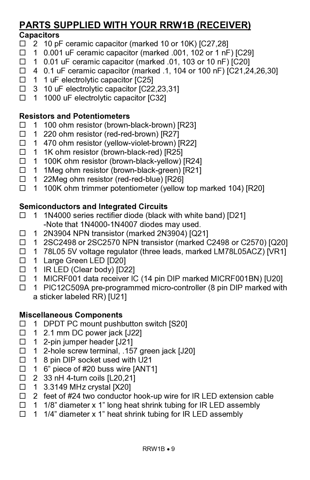 Ramsey Electronics rrw1b manual Parts Supplied with Your RRW1B Receiver 