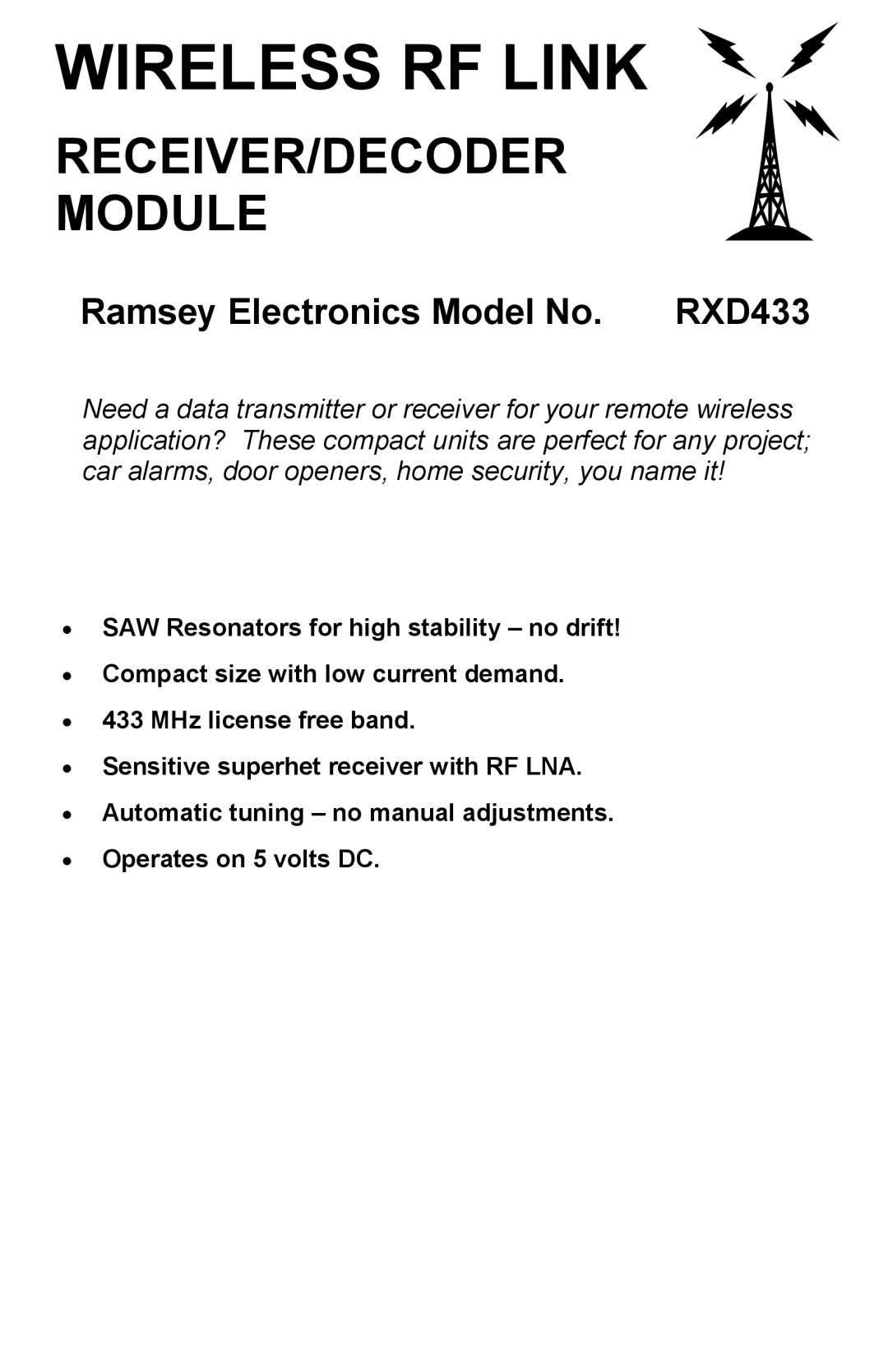 Ramsey Electronics RXD433 manual Wireless RF Link 