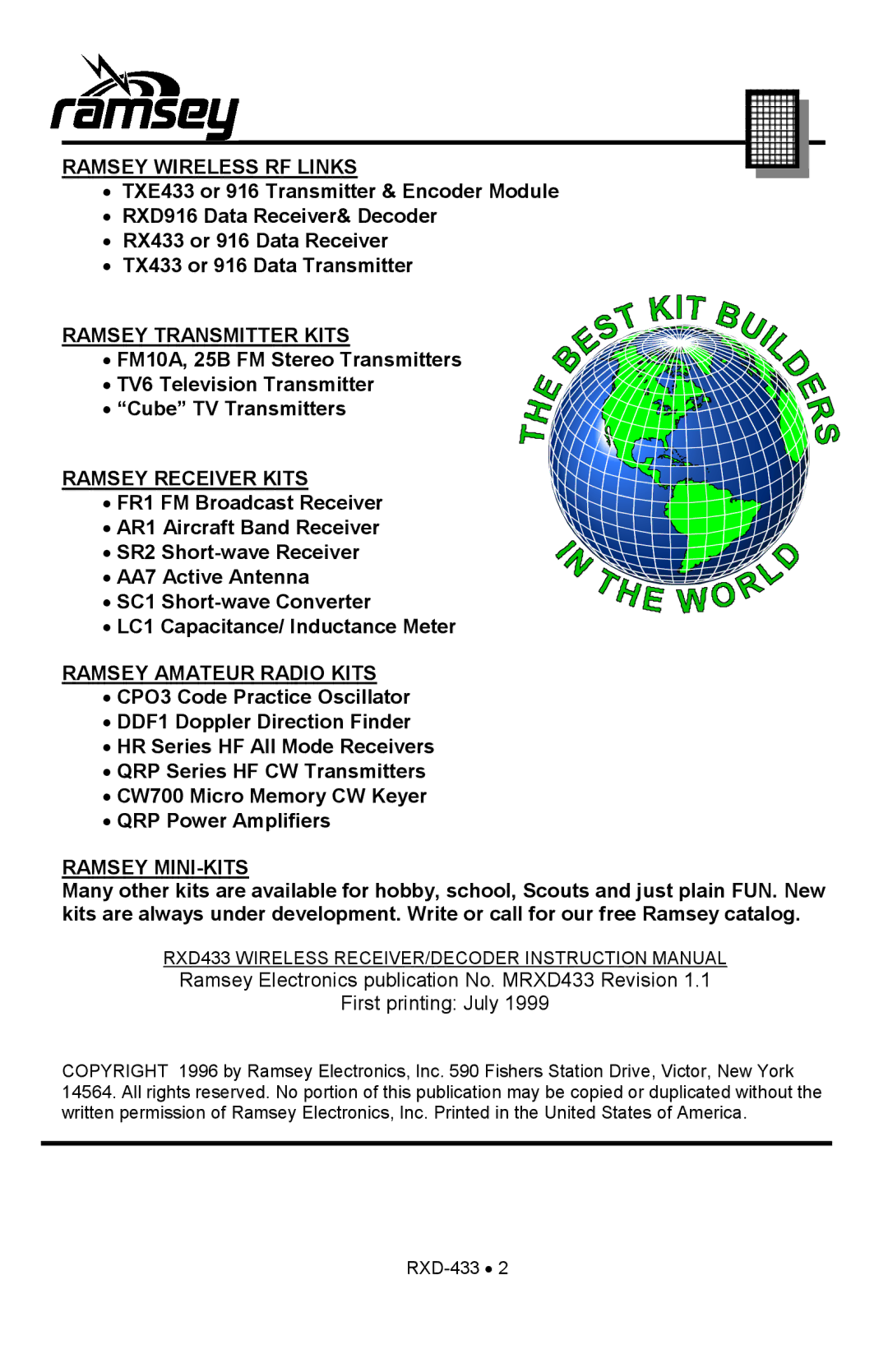 Ramsey Electronics RXD433 manual Ramsey Transmitter Kits 