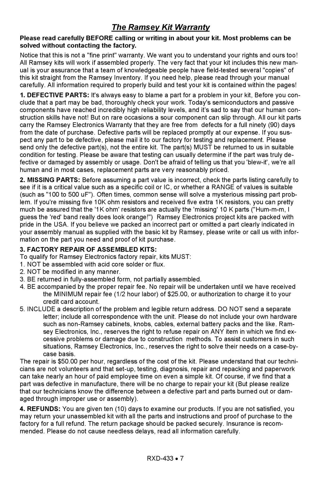 Ramsey Electronics RXD433 manual Ramsey Kit Warranty 