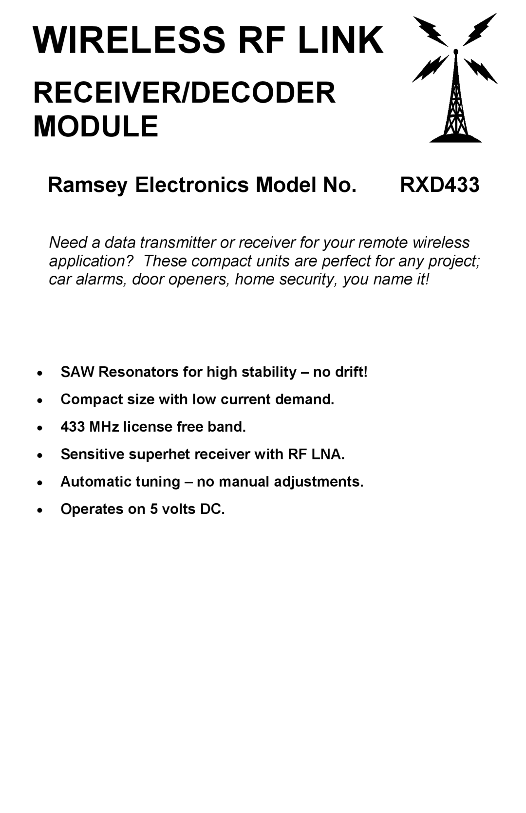 Ramsey Electronics RXD433 manual Wireless Rf Link, Receiver/Decoder Module, Ramsey Electronics Model No 