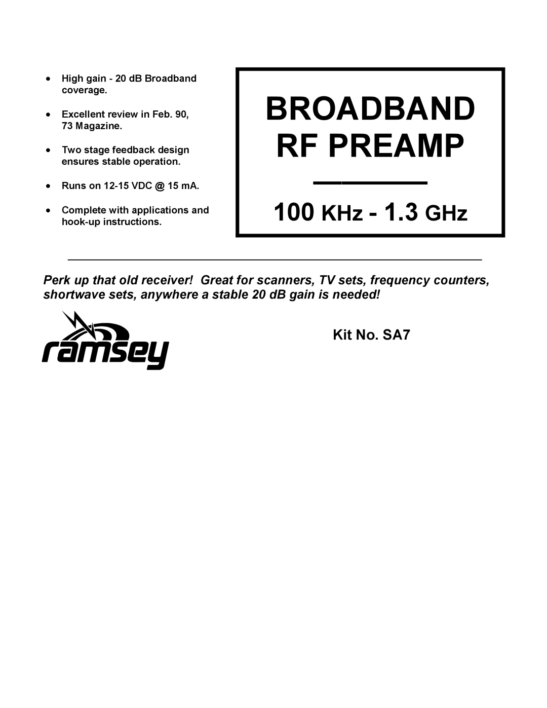 Ramsey Electronics SA7 manual Broadband RF Preamp 