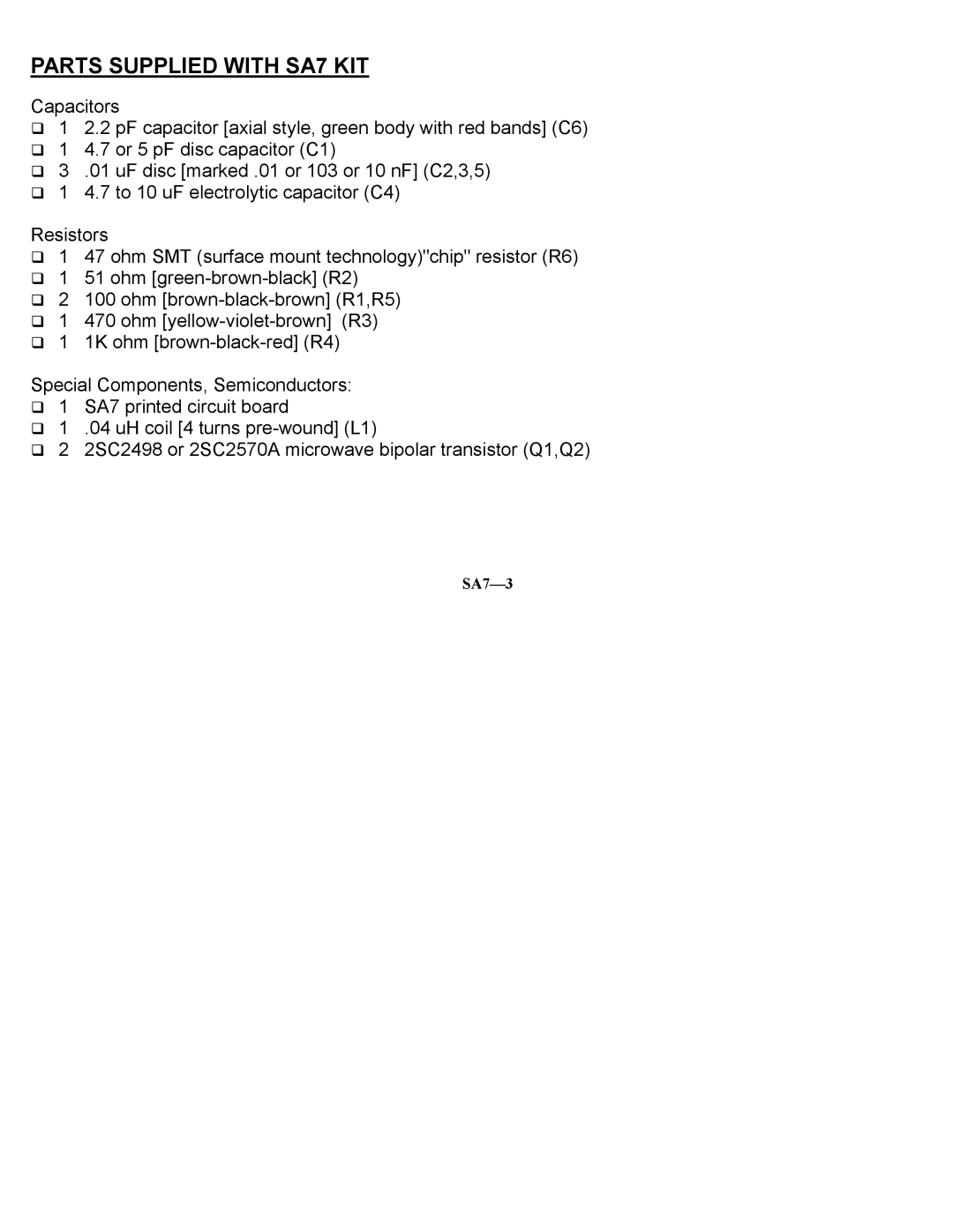 Ramsey Electronics manual Parts Supplied with SA7 KIT 